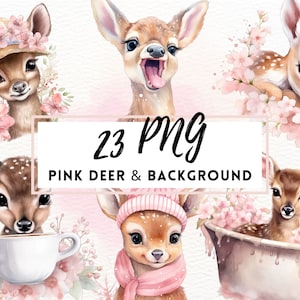 Pink Christmas Reindeer Clipart, Pink Deer Watercolor Christmas, Cute Pink Christmas Animals PNG, Pink Winter Clip Art, Girly Christmas PNG