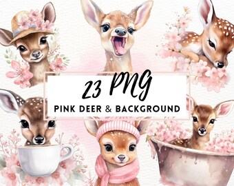Pink Christmas Reindeer Clipart, Pink Deer Watercolor Christmas, Cute Pink Christmas Animals PNG, Pink Winter Clip Art, Girly Christmas PNG