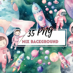 May include: Watercolor illustration of a space-themed clipart set with 35 PNG images. The set includes astronauts, rockets, planets, and stars. The background is a mix of green, blue, and purple.