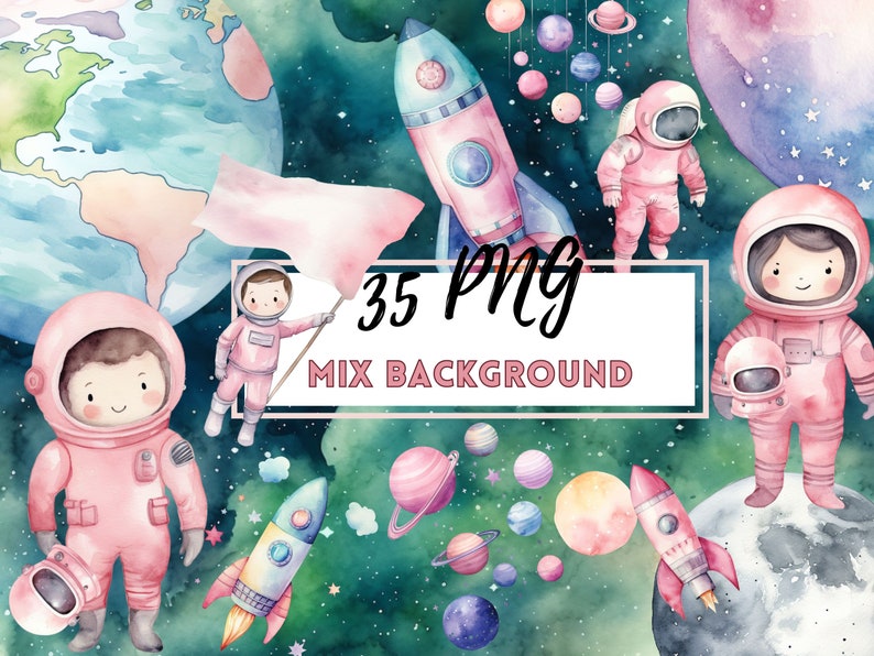 May include: Watercolor illustration of a space-themed clipart set with 35 PNG images. The set includes astronauts, rockets, planets, and stars. The background is a mix of green, blue, and purple.