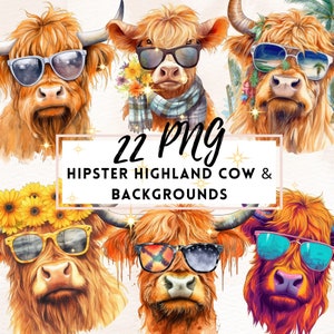 Cool Highland Cow PNG Bundle, Funny Hipster Highland Cow Clip Art, Sassy Highland Cow Sublimation Designs, Download T-shirt Mug Design PNG