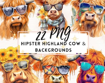 Cool Highland Cow PNG Bundle, Funny Hipster Highland Cow Clip Art, Sassy Highland Cow Sublimation Designs, Download T-shirt Mug Design PNG