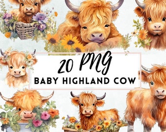 Highland Baby Cow Watercolor Clipart, Cow PNG bundle, Highland Cow, Baby Shower Art, Baby Animal, Baby Cow Clipart Bundle, Baby Cow DOWNLOAD