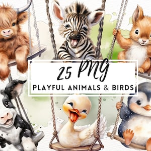 Crías de pájaros en columpio PNG, imágenes prediseñadas de animales y pájaros juguetones, fondo transparente, arte imprimible de animales de guardería, uso comercial