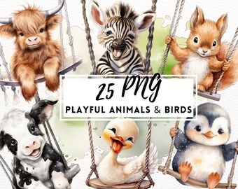 Baby Animals Birds on Swing PNG, Playful Animals and Birds Clipart, Transparent Background, Nursery Animals Printable Art, Commercial Use
