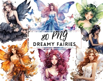 Watercolor Fairies Clip Art, Butterfly Fairies Watercolor PNG, Fantasy Fairies PNG, Ethereal Fairies Clipart, Fairies Commercial Use