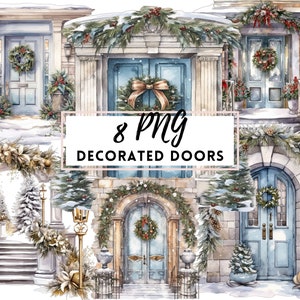 Christmas Doors, Watercolor Clipart Bundle, Winter Holiday Door Images, Cozy Xmas Festive Graphics, Instant Digital Download, Commercial Use