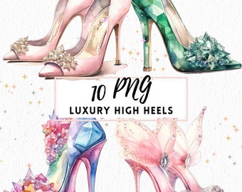 Watercolor Heels Clipart, Luxury Fashion Shoes Illustration (PNG Files)