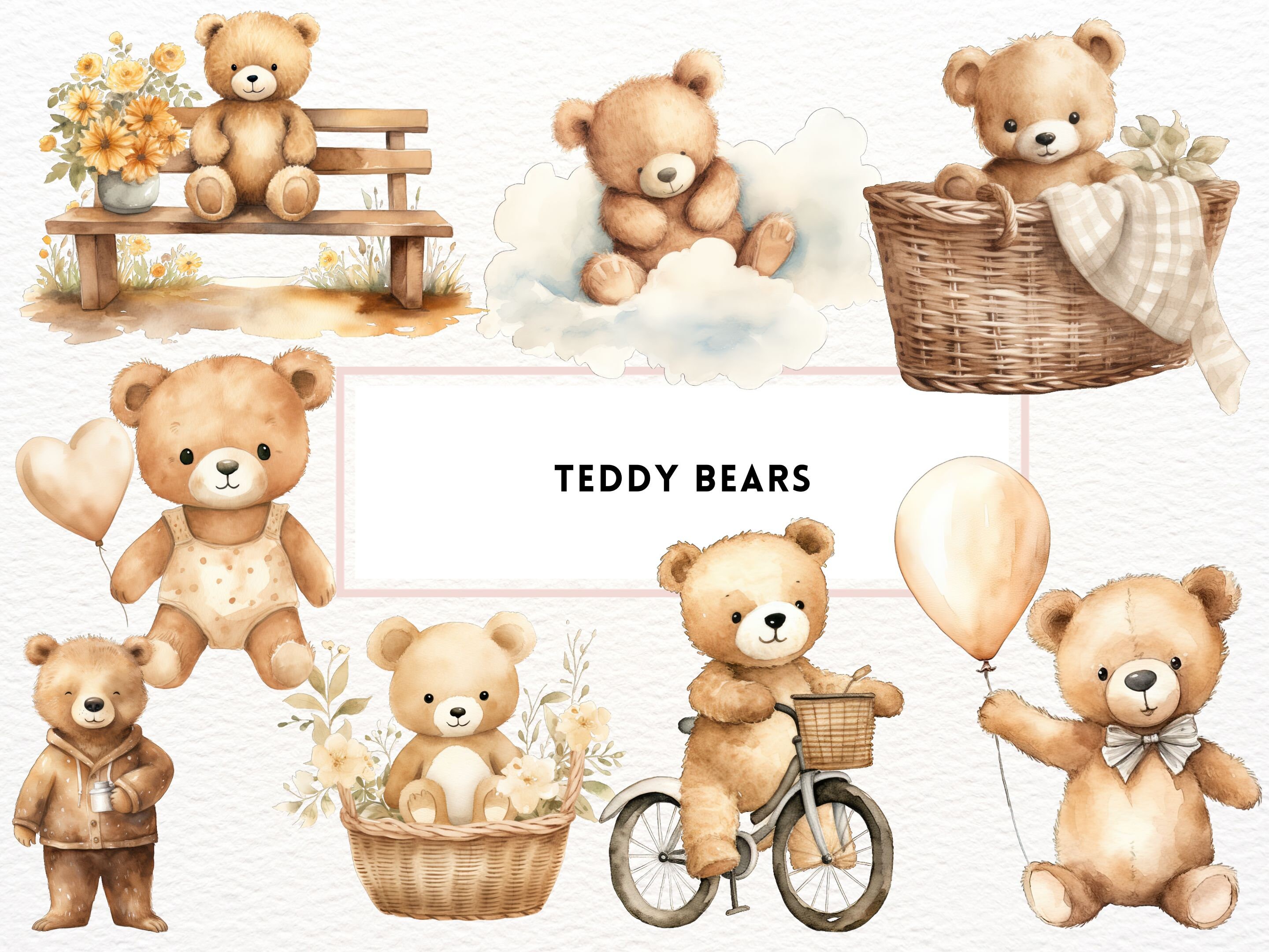 Watercolor Teddy Bear Clipart, Boho Baby Shower PNG (digital Download ...