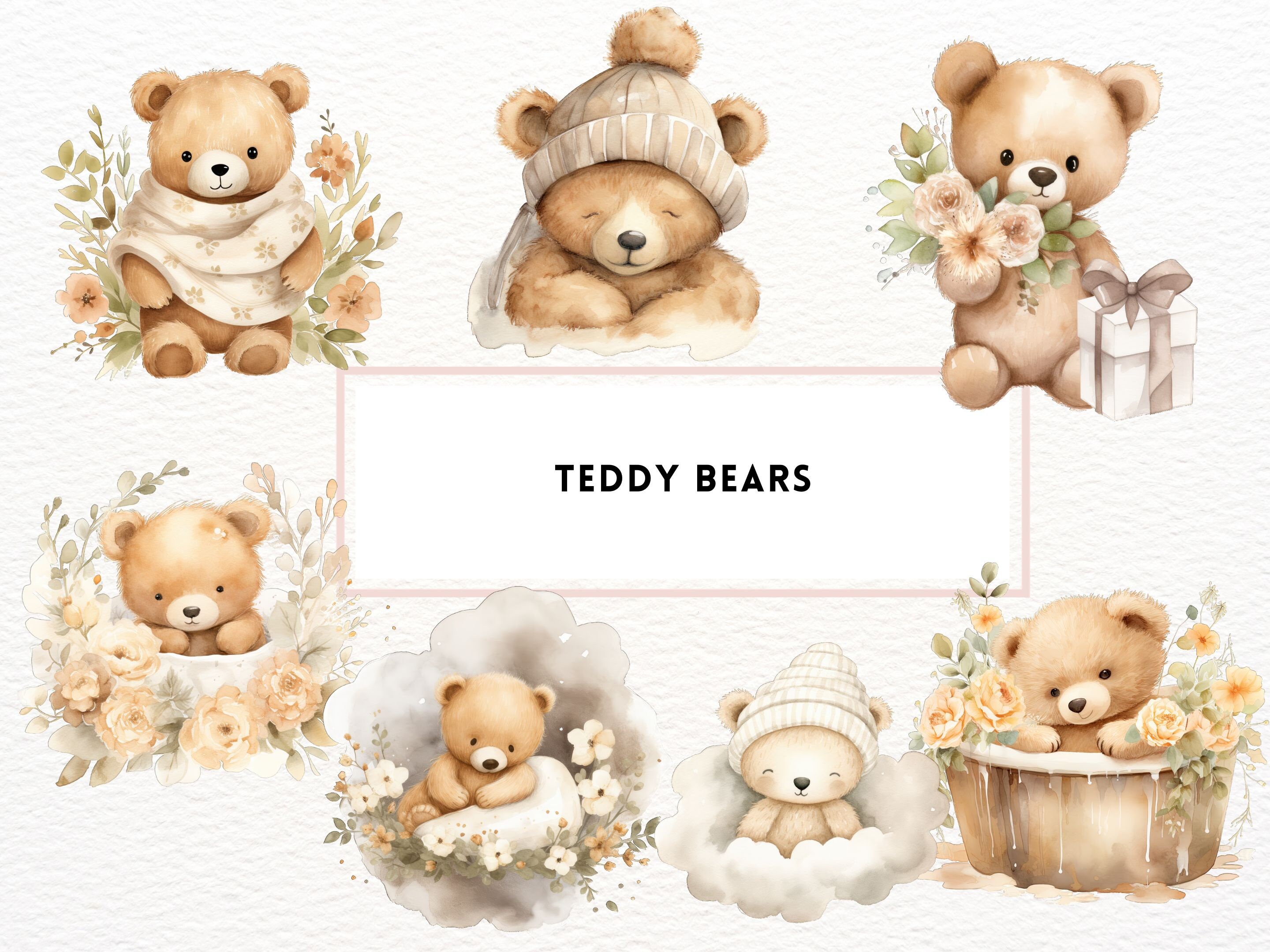 Watercolor Teddy Bear Clipart, Boho Baby Shower PNG (digital Download ...