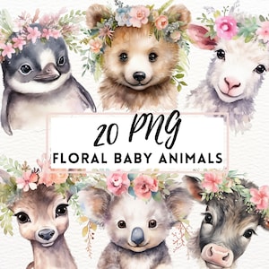 Aquarela de animais bebês com flores, clipart de animais, fundo transparente de animais bebês, uso comercial, arte para impressão de animais de berçário
