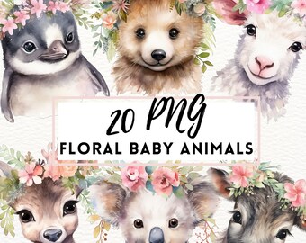 Watercolor Baby Animals Floral Clipart, Nursery Art (PNG Digital Download)