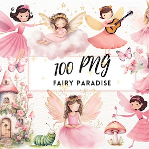 Pink Fairy Wonderland Clipart, Enchanted Fairy Garden Clipart, Pink Fairy PNG, Pink Watercolor Elements, Pink Mushroom, Pink Butterfly PNG