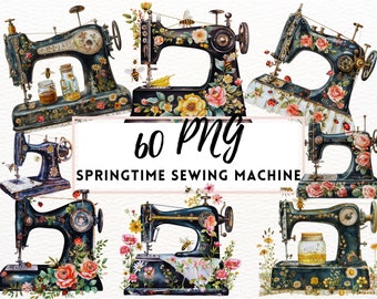 Watercolor Sewing Machine Clipart, Springtime Floral Sewing Machine Clipart, Cottagecore Sewing Machine, Printable Graphic, Quilting Clipart