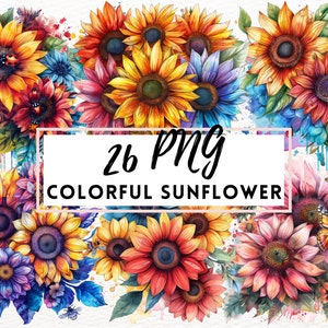 Clipart tournesols arc-en-ciel, aquarelle tournesol PNG, Art tournesol, fabrication de cartes, tenue d'un journal, créations numériques en papier, Illustration de tournesol