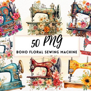Imágenes prediseñadas de máquina de coser floral, máquina de coser floral de acuarela PNG, imágenes prediseñadas de costura, PNG vintage, PNG digital, imágenes prediseñadas de acolchado