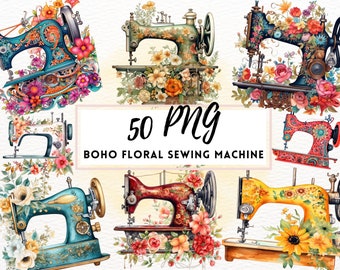 Floral Sewing Machine Clipart, Watercolor PNG (Digital Download)