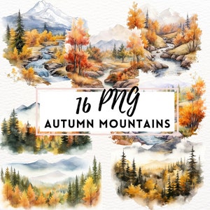 Watercolor Autumn Mountain Clipart, Fall Mountains Landscape Clipart, Nature Scene, Fall Autumn Camping Clipart, Commercial Use, Hiking PNG