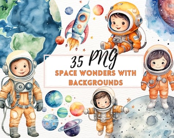 Watercolor Space Clipart, Cute Astronaut Nursery Clipart, Rocket Clipart, Stars and Moon PNG, Astronaut Space Clipart Bundle, Spaceship PNG