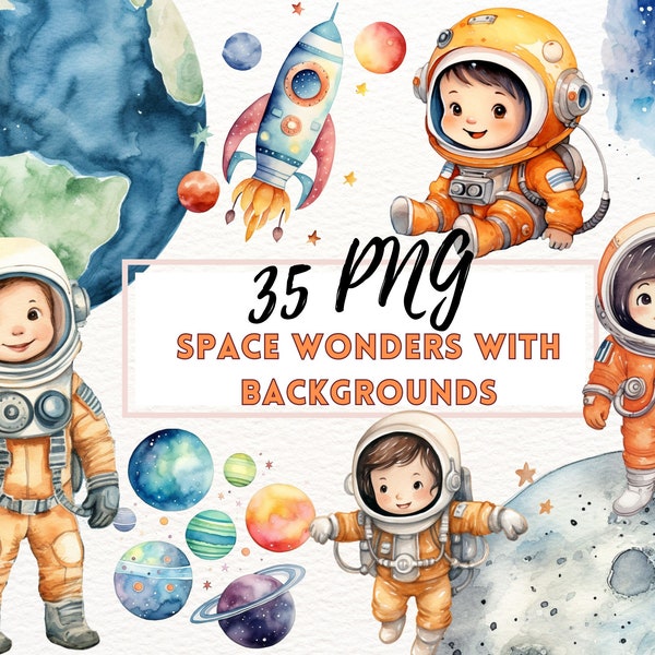 Watercolor Space Clipart, Cute Astronaut Nursery Clipart, Rocket Clipart, Stars and Moon PNG, Astronaut Space Clipart Bundle, Spaceship PNG