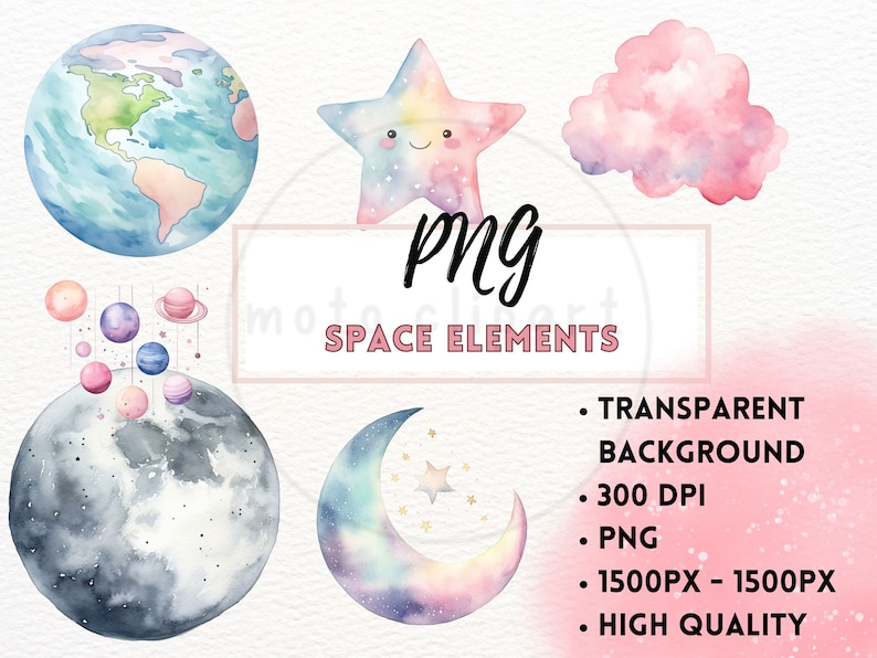 May include: A set of watercolor illustrations of space elements, including a planet Earth, a crescent moon, a star, a cloud, and a moon with planets orbiting around it. The illustrations are in shades of blue, pink, and purple.