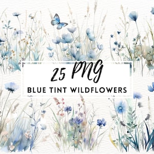Blauw getinte wilde bloemen clipart, bloemen aquarel randen, clipart, bruiloft clipart, bloemen rand, aquarel clipart, wilde bloemen kunst png