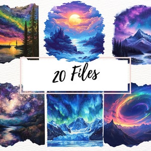 May include: A collage of six digital paintings depicting various landscapes with starry skies. The paintings feature mountains, rivers, forests, and a bright aurora borealis.