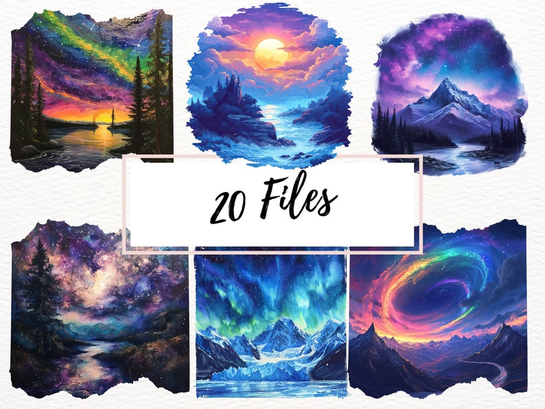 May include: A collage of six digital paintings depicting various landscapes with starry skies. The paintings feature mountains, rivers, forests, and a bright aurora borealis.