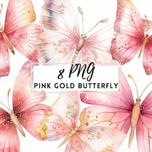 Farfalla rosa, set di clipart di farfalle rosa oro, clipart PNG trasparenti, clipart di farfalle acquerellate, pacchetto grafico di farfalle rosa