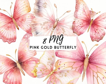 Pink Gold Butterfly Watercolor Clipart, Transparent PNG Set (Digital Download)