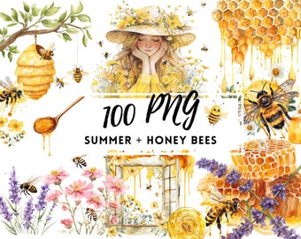 Op de afbeelding: Een digitale download van 100 aquarel PNG-afbeeldingen met honingbijen, honingraten, bloemen en zomerse elementen. De afbeeldingen zijn perfect voor knutsel-, scrapbook- en digitale ontwerp projecten.