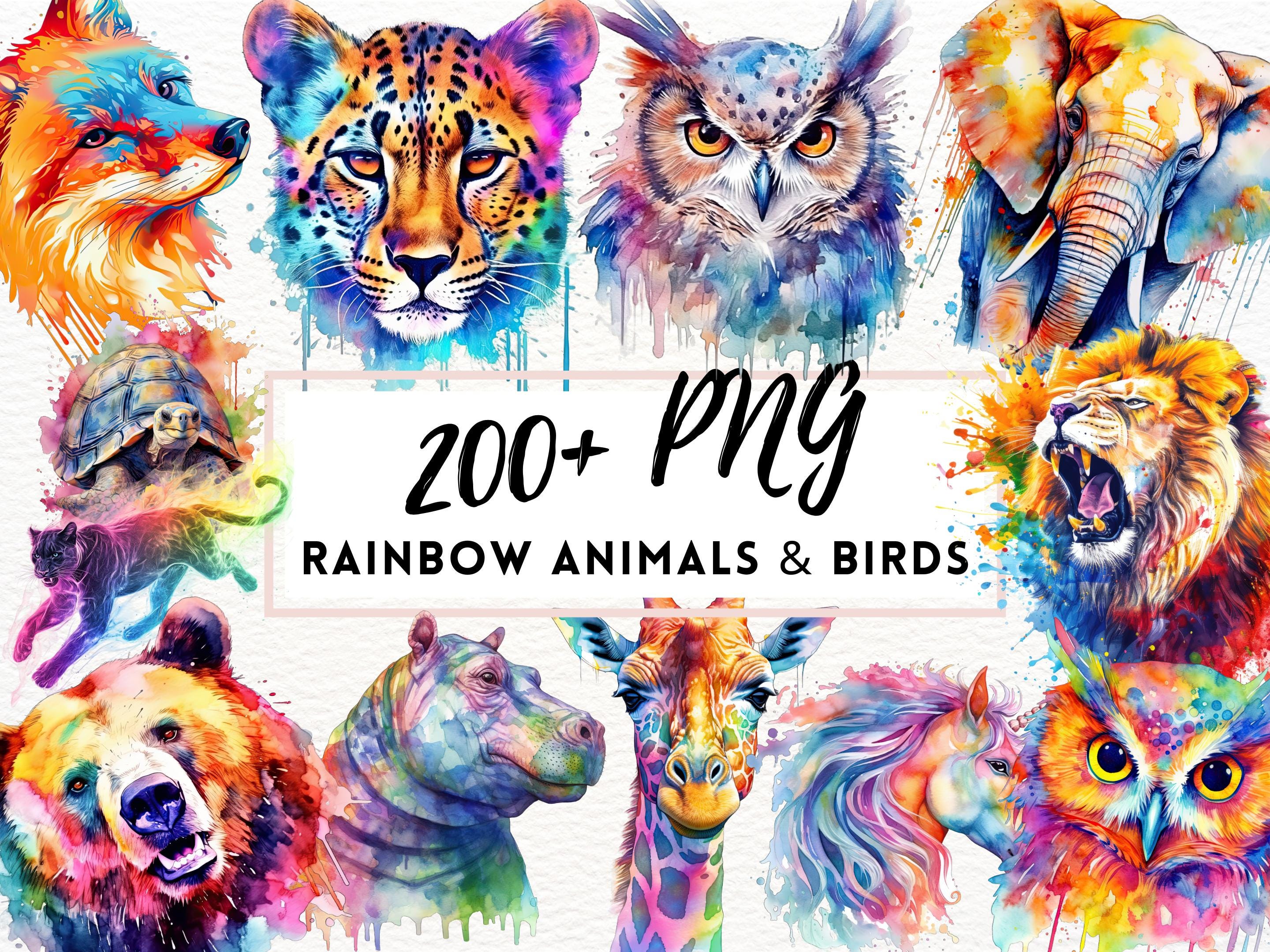 Watercolor Rainbow Animals Clipart, Colorful Animal Illustrations, Rainbow Painted Animal Clipart, PNG Graphics, Commercial Use Animal PNG