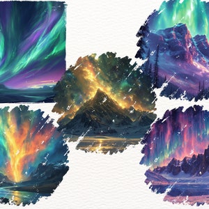 May include: Five digital art prints depicting a mountain range with a vibrant aurora borealis in the sky. The aurora is in shades of green, blue, purple, and orange. The mountains are snow-capped and the sky is dark.