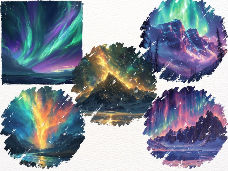May include: Five digital art prints depicting a mountain range with a vibrant aurora borealis in the sky. The aurora is in shades of green, blue, purple, and orange. The mountains are snow-capped and the sky is dark.