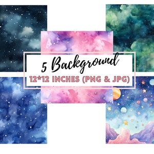 May include: Five watercolor galaxy backgrounds in shades of blue, green, and pink. Each background is 12 inches by 12 inches and includes stars, planets, and clouds.  5 Background 12*12 inches (PNG & JPG)