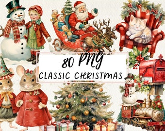 Klassisches Weihnachten antikes Aquarell PNG, Retro Clipart-Bundle, Vintage Urlaub altes Dekor PNG, Retro Weihnachten, traditionelles Weihnachten, kommerzielle Nutzung