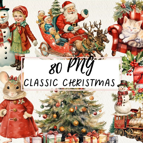 Classic Christmas Antique Watercolor PNG, Retro Clipart Bundle, Vintage Holiday Old Decor PNG, Retro Xmas, Traditional Xmas, Commercial Use