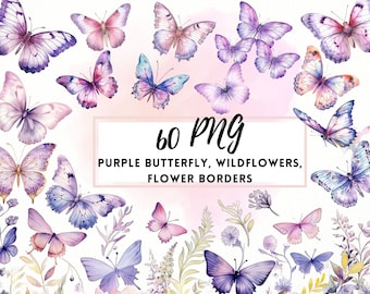 Imágenes prediseñadas de mariposa púrpura acuarela, imágenes prediseñadas de flores de jardín, fondo transparente, DESCARGAR imágenes prediseñadas florales, imágenes prediseñadas de primavera, flores púrpuras