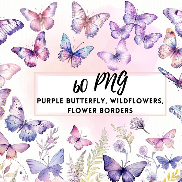 Imágenes prediseñadas de mariposa púrpura acuarela, imágenes prediseñadas de flores de jardín, fondo transparente, DESCARGAR imágenes prediseñadas florales, imágenes prediseñadas de primavera, flores púrpuras