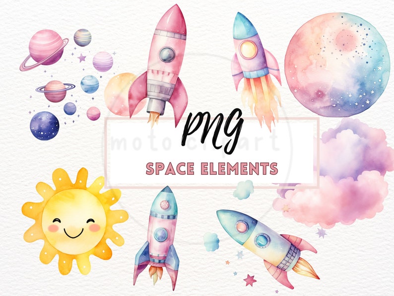 May include: Watercolor illustration of space elements, including a sun with a smiling face, planets, stars, clouds, and rockets. The illustration is in a pastel color palette.
