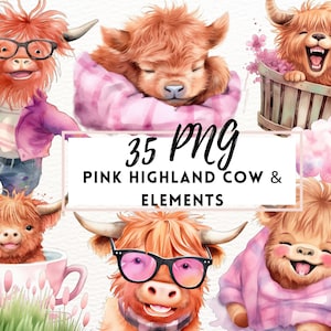 Pink Highland Cow Watercolor Clipart, Cow PNG bundle, Cute Highlanders Cow, Farm Animal, Cow Clipart Bundle, Whimsical Highland Cow