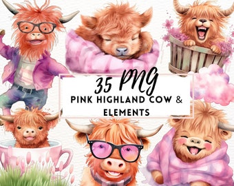 May include: A set of 35 digital illustrations featuring pink Highland cows in various poses, including wearing sunglasses, sleeping, and holding flowers. The illustrations are in a watercolor style and are perfect for creating cute and whimsical designs.