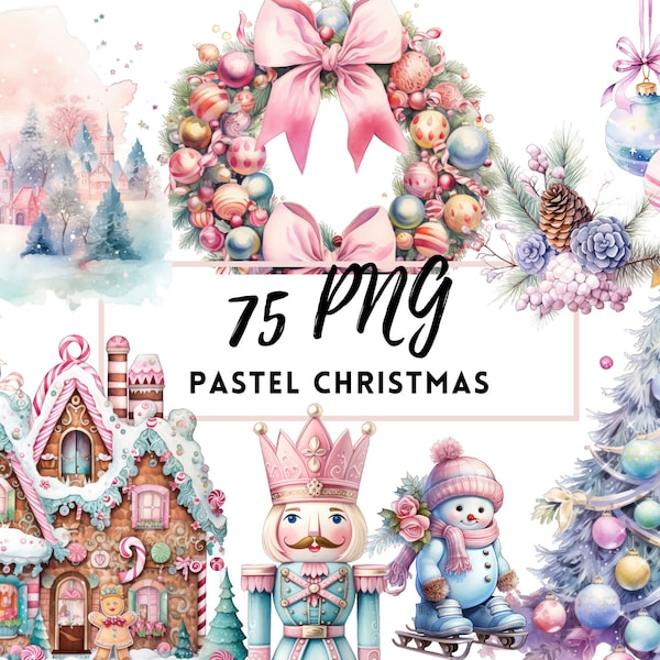 Pastel Christmas Clipart, Watercolor Pastel Christmas Sublimation, Watercolor Winter Clipart, Holiday Clipart, Junk Journal, Invitations