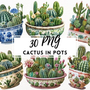 Plantas de cactus vintage, imágenes prediseñadas de cactus en acuarela, uso comercial, álbum de recortes, diario basura, plantas PNG, descargas digitales, plantas verdes PNG