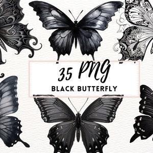 Conjunto de imágenes prediseñadas de mariposas negras y oscuras, imágenes PNG transparentes, imágenes prediseñadas de mariposas góticas de acuarela, paquete de imágenes prediseñadas de mariposas negras