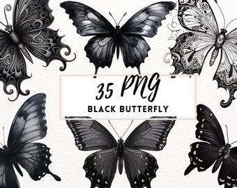 Black Butterfly, Dark Butterflies Clipart SET, Transparent PNG Clipart, Watercolor Gothic Butterfly Clipart, Graphic Black Butterfly Bundle