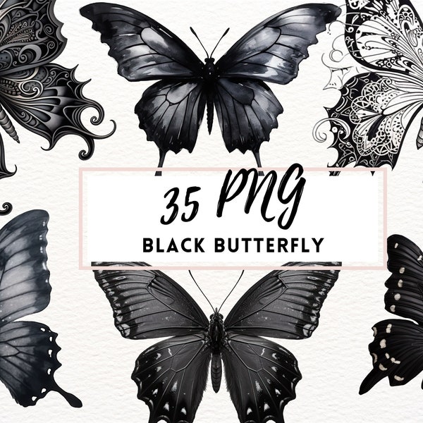 Zwarte vlinder, donkere vlinders clipart SET, transparante PNG clipart, aquarel gotische vlinder clipart, grafische zwarte vlinder bundel