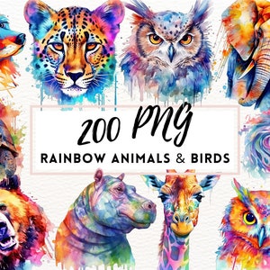 Watercolor Rainbow Animals Clipart, Colorful Animal Illustrations, Rainbow Painted Animal Clipart, PNG Graphics, Commercial Use Animal PNG