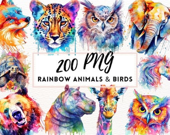 Watercolor Rainbow Animals Clipart, Colorful Animal Illustrations, Rainbow Painted Animal Clipart, PNG Graphics, Commercial Use Animal PNG