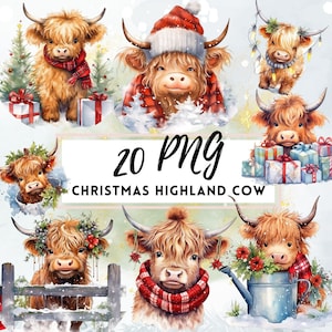 Weihnachten Highland Kuh Aquarell Clipart, Kuh PNG Bundle, Weihnachten Highlanders Kuh, Bauernhof Tier, Kuh Clipart Bundle, Urlaub Highland Kuh